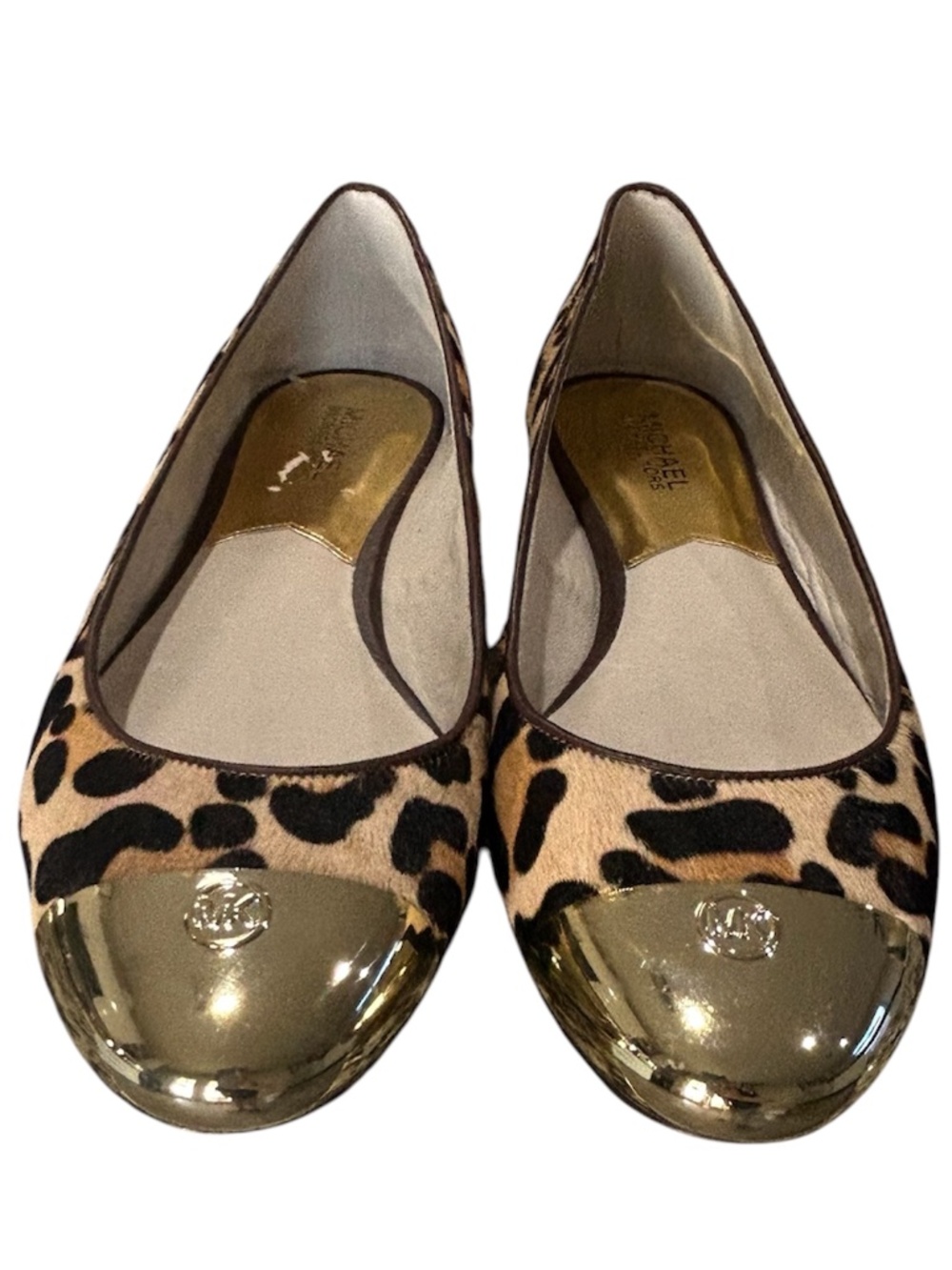 Michael Kors Leopard Print Ballet Flats Sz 10 M Round-toe Gold Tone MK Hardware - Picture 3 of 11